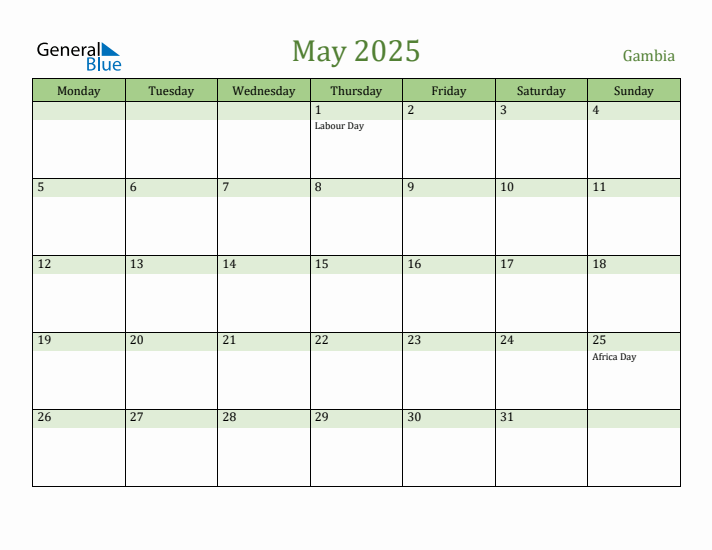 May 2025 Calendar with Gambia Holidays