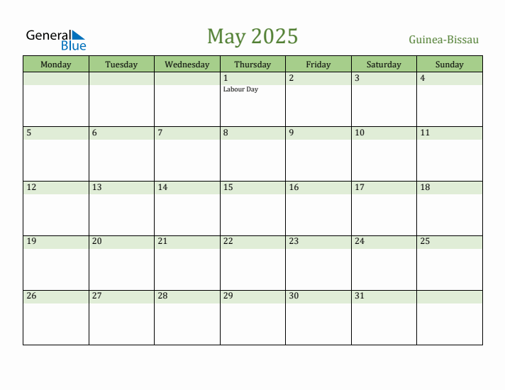 May 2025 Calendar with Guinea-Bissau Holidays