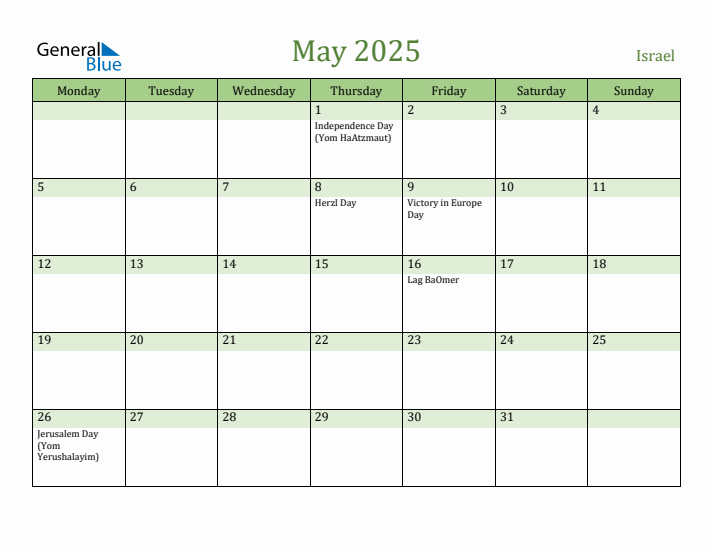 May 2025 Calendar with Israel Holidays