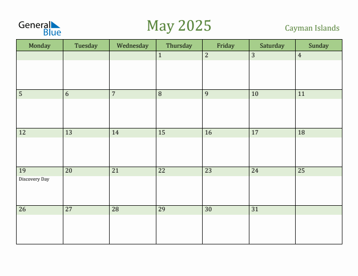 May 2025 Calendar with Cayman Islands Holidays