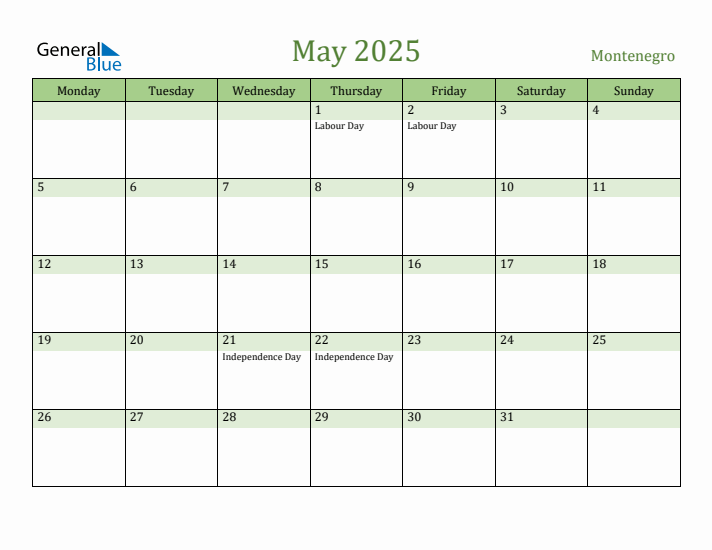 May 2025 Calendar with Montenegro Holidays
