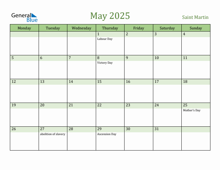 May 2025 Calendar with Saint Martin Holidays