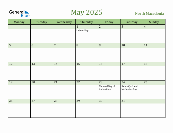 May 2025 Calendar with North Macedonia Holidays