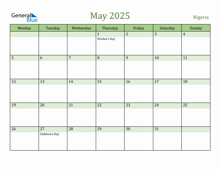 May 2025 Calendar with Nigeria Holidays