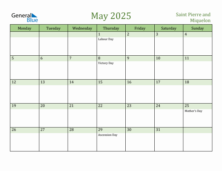 May 2025 Calendar with Saint Pierre and Miquelon Holidays