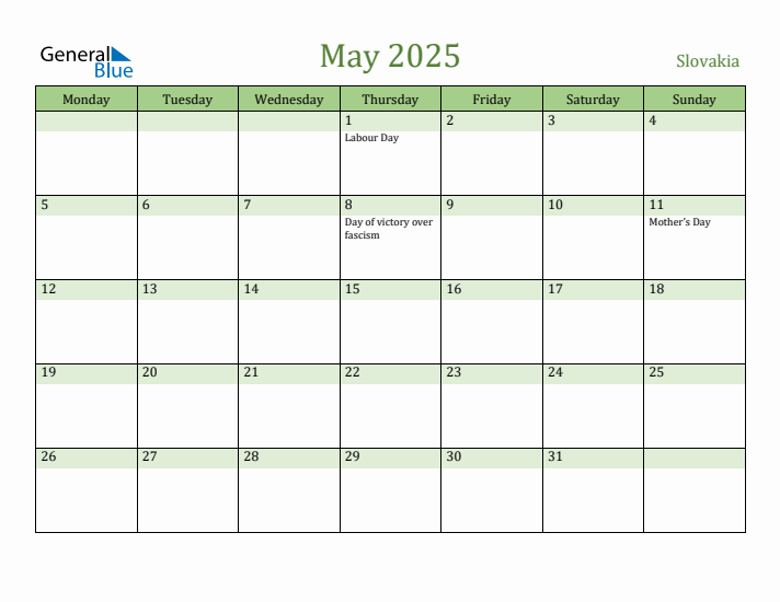 May 2025 Calendar with Slovakia Holidays