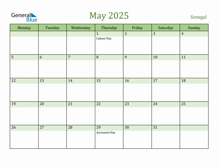 May 2025 Calendar with Senegal Holidays
