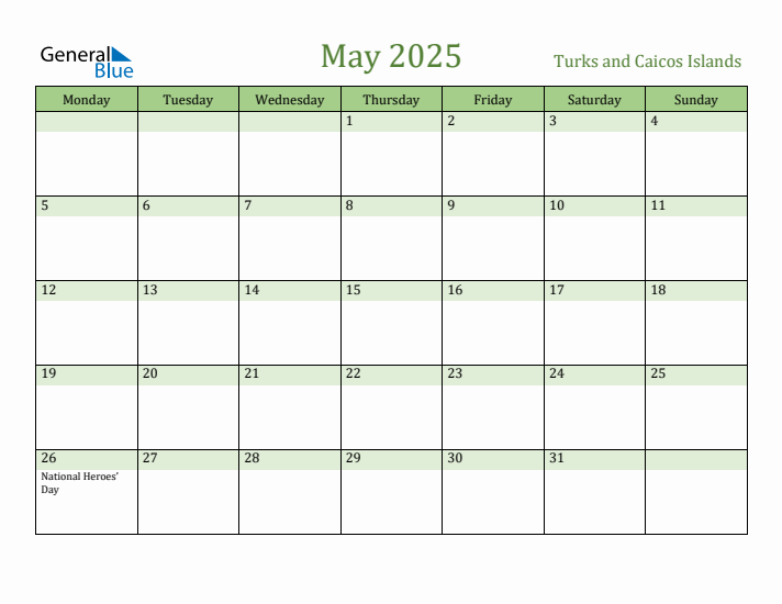 May 2025 Calendar with Turks and Caicos Islands Holidays