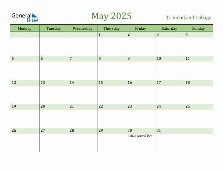May 2025 Calendar with Trinidad and Tobago Holidays