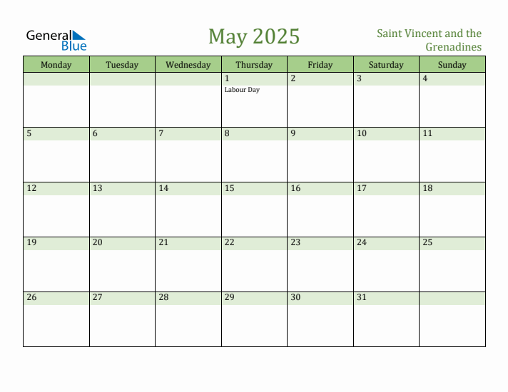 May 2025 Calendar with Saint Vincent and the Grenadines Holidays
