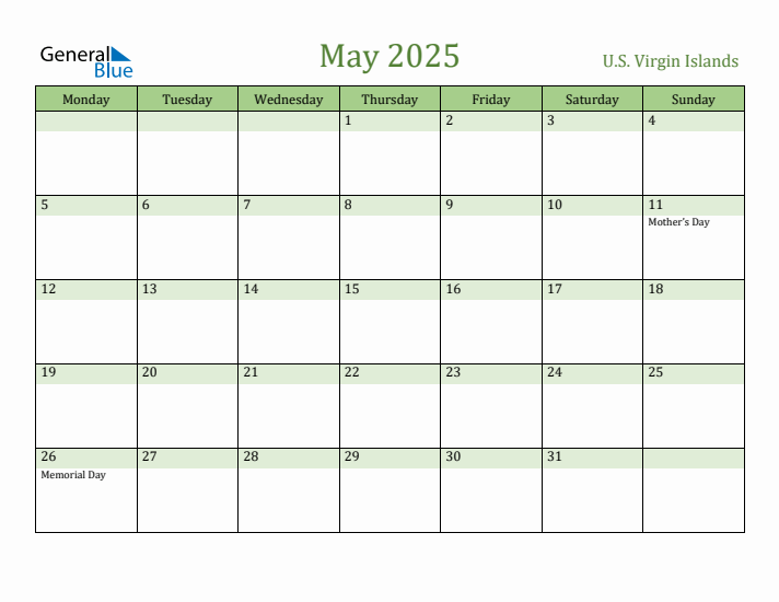 May 2025 Calendar with U.S. Virgin Islands Holidays