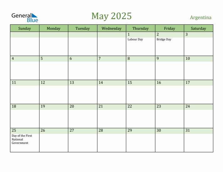 May 2025 Calendar with Argentina Holidays