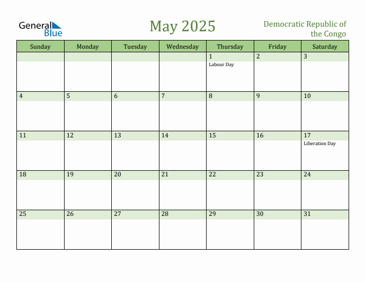 May 2025 Calendar with Democratic Republic of the Congo Holidays