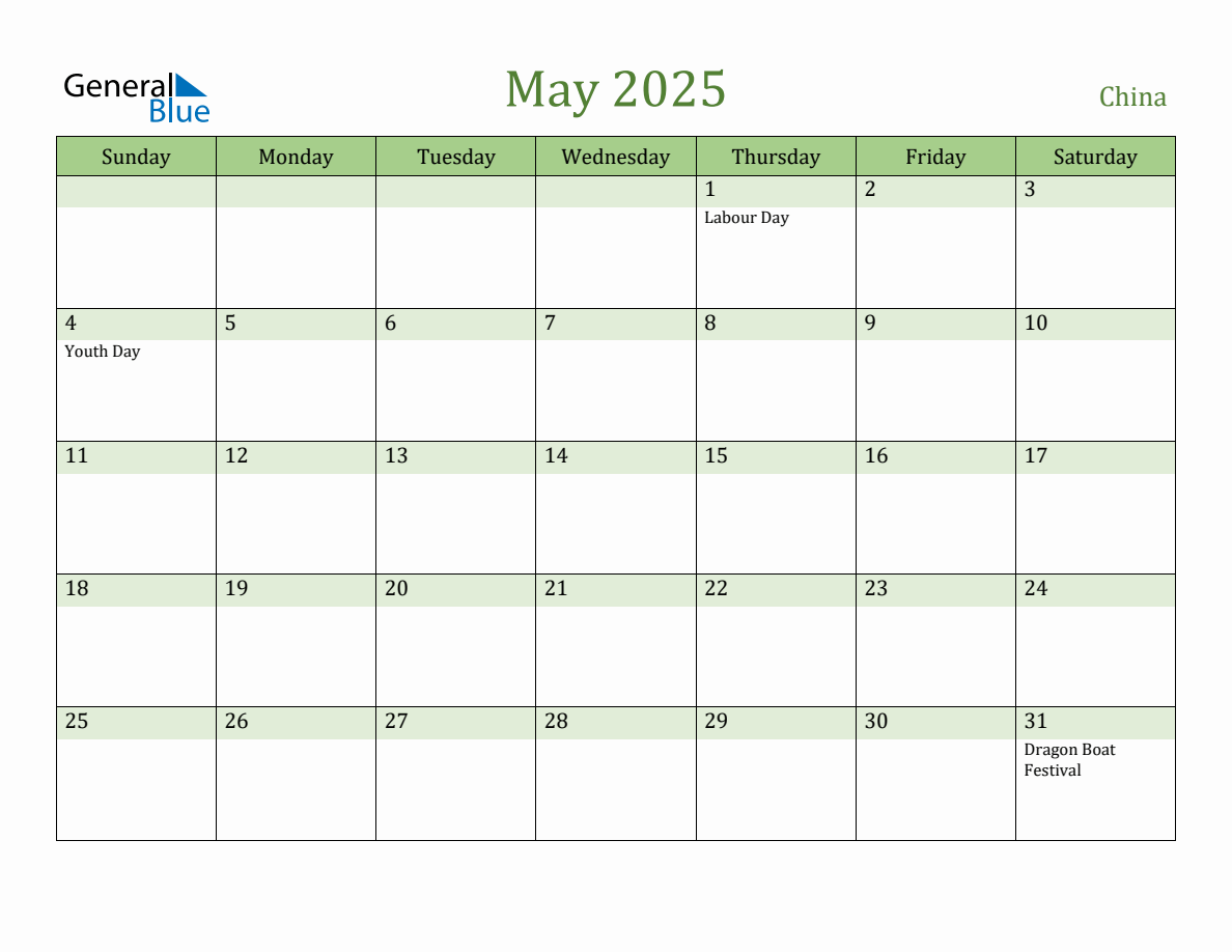 Fillable Holiday Calendar for China - May 2025