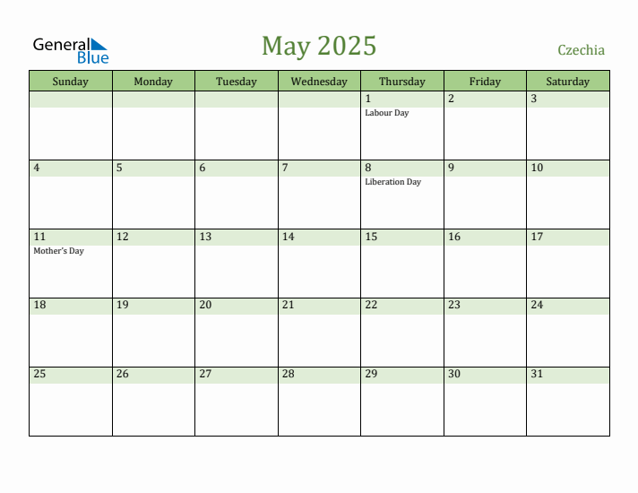 May 2025 Calendar with Czechia Holidays