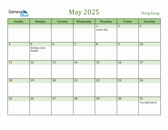May 2025 Calendar with Hong Kong Holidays