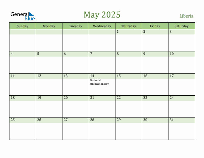 May 2025 Calendar with Liberia Holidays