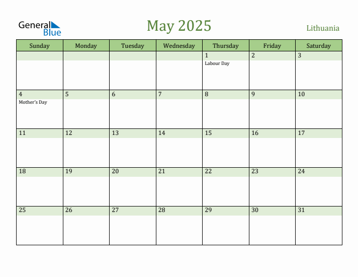 May 2025 Calendar with Lithuania Holidays