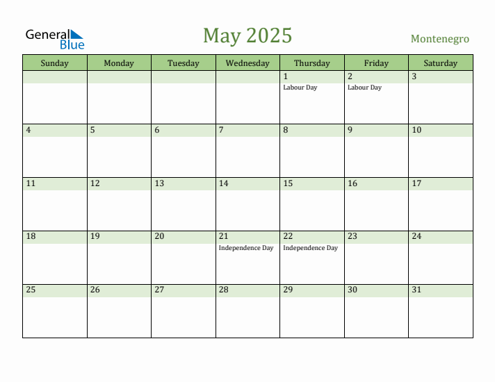 May 2025 Calendar with Montenegro Holidays