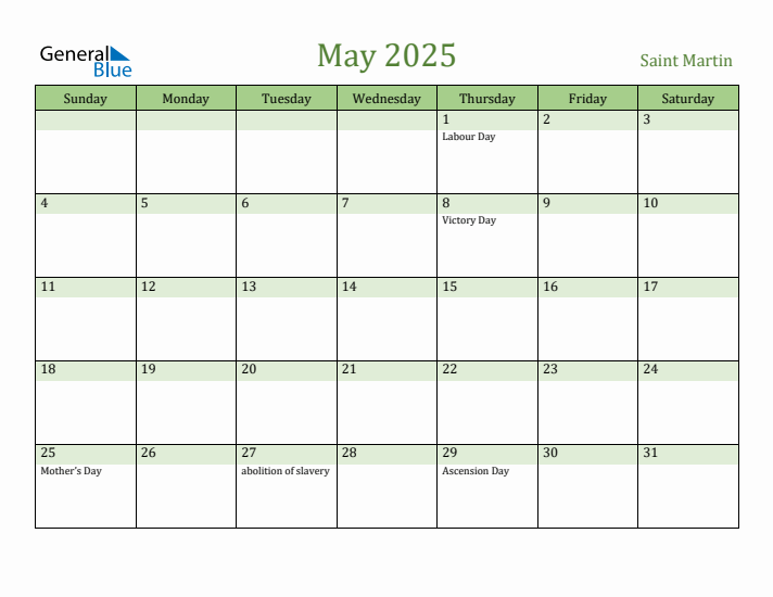 May 2025 Calendar with Saint Martin Holidays