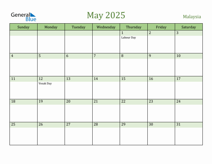 May 2025 Calendar with Malaysia Holidays