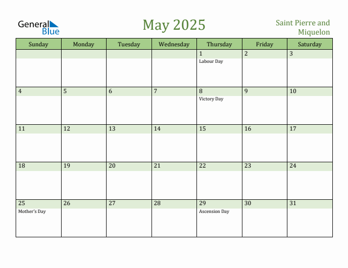 May 2025 Calendar with Saint Pierre and Miquelon Holidays