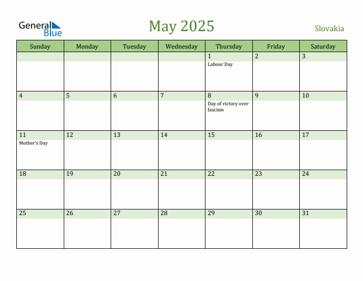 May 2025 Calendar with Slovakia Holidays