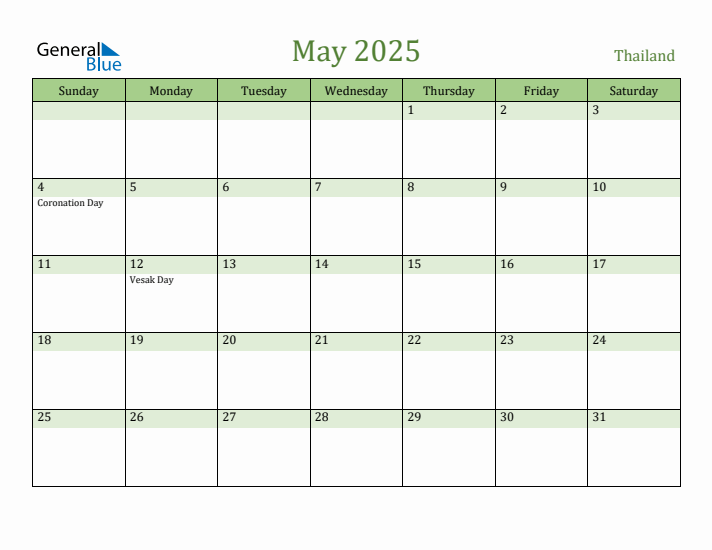 May 2025 Calendar with Thailand Holidays