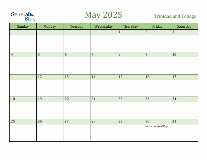 May 2025 Calendar with Trinidad and Tobago Holidays