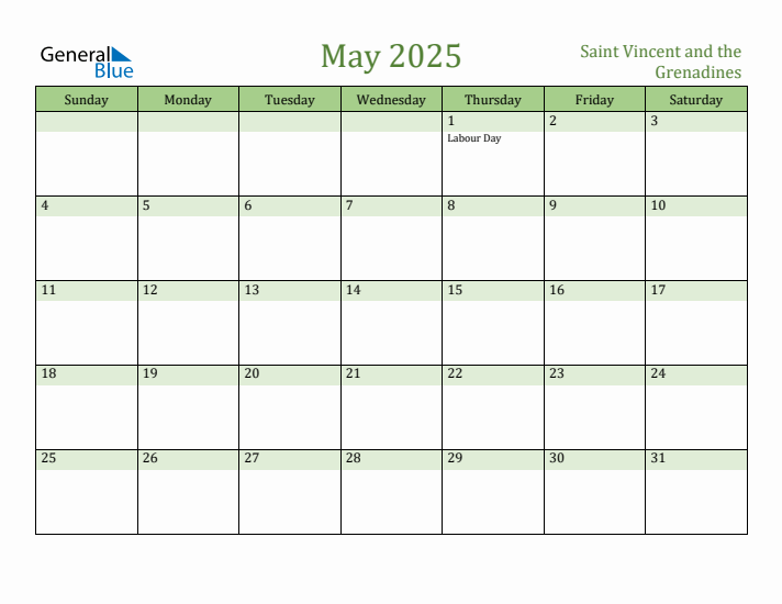 May 2025 Calendar with Saint Vincent and the Grenadines Holidays