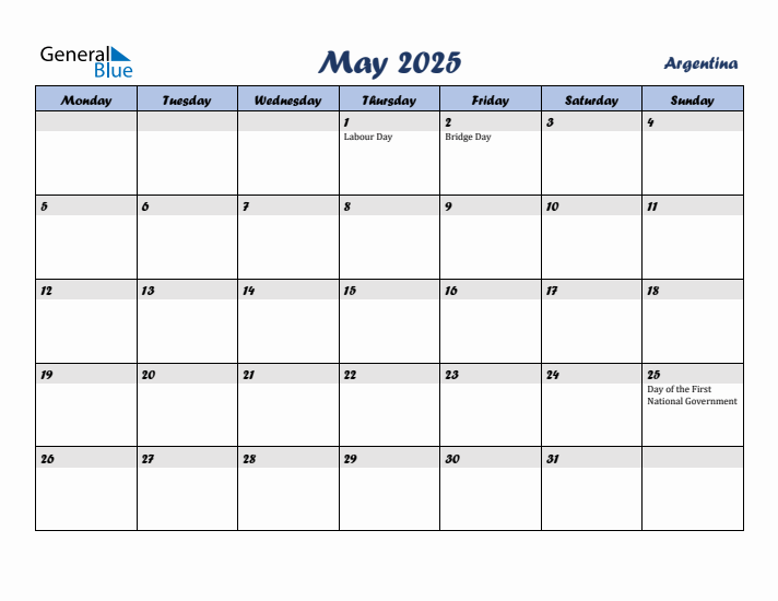 May 2025 Calendar with Holidays in Argentina