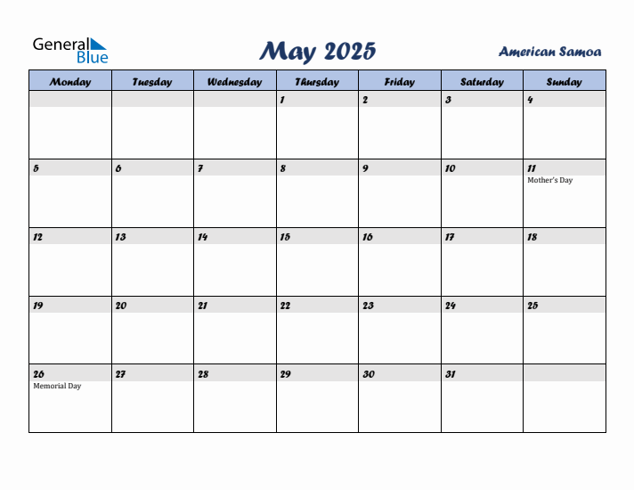 May 2025 Calendar with Holidays in American Samoa