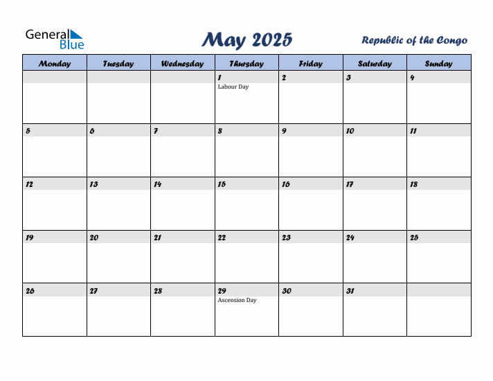 May 2025 Calendar with Holidays in Republic of the Congo
