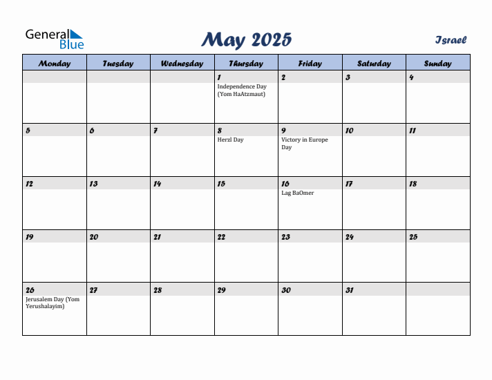 May 2025 Calendar with Holidays in Israel
