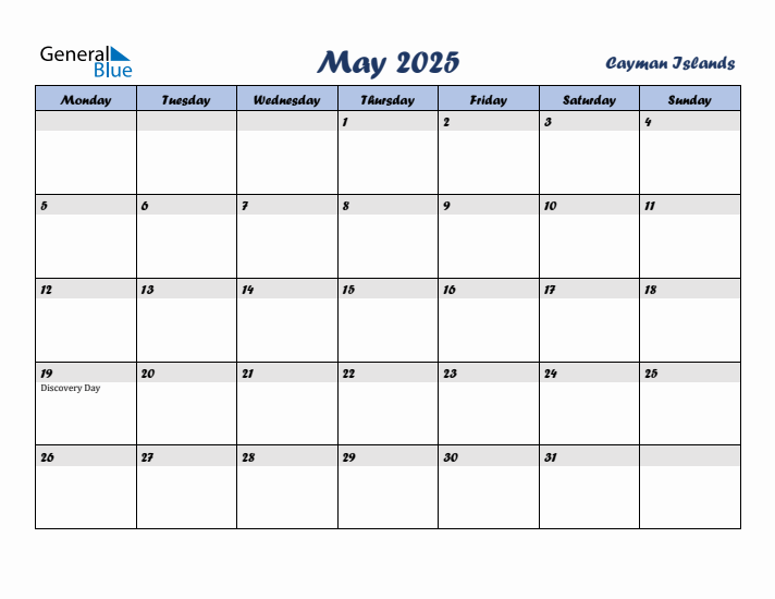 May 2025 Calendar with Holidays in Cayman Islands