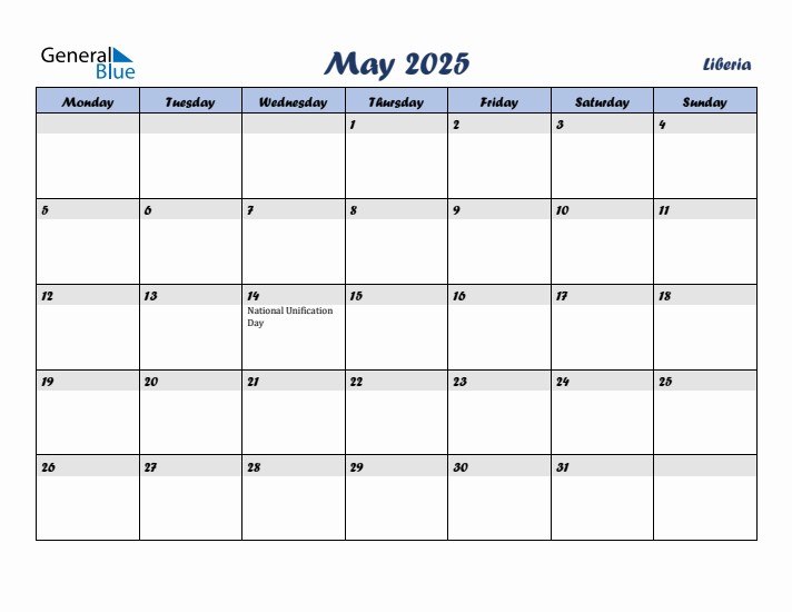 May 2025 Calendar with Holidays in Liberia