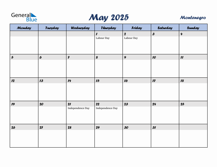 May 2025 Calendar with Holidays in Montenegro