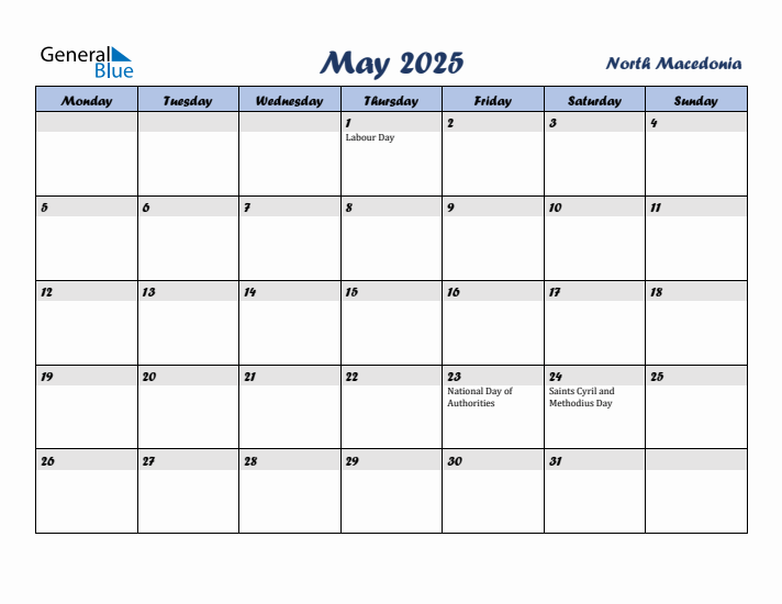 May 2025 Calendar with Holidays in North Macedonia