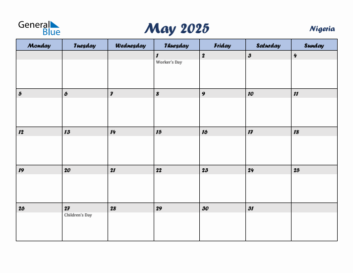 May 2025 Calendar with Holidays in Nigeria