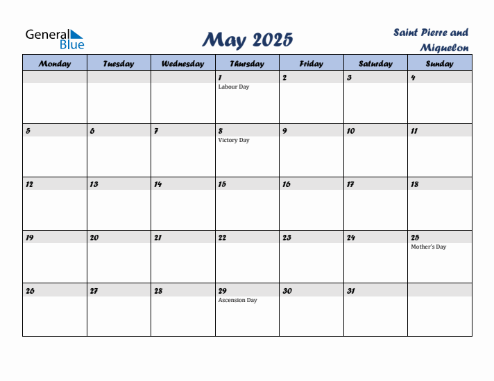 May 2025 Calendar with Holidays in Saint Pierre and Miquelon