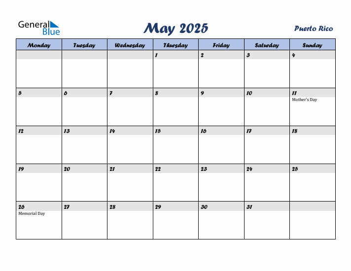 May 2025 Calendar with Holidays in Puerto Rico