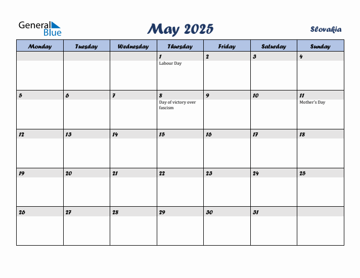 May 2025 Calendar with Holidays in Slovakia