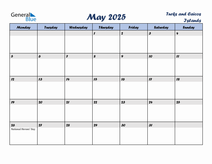 May 2025 Calendar with Holidays in Turks and Caicos Islands
