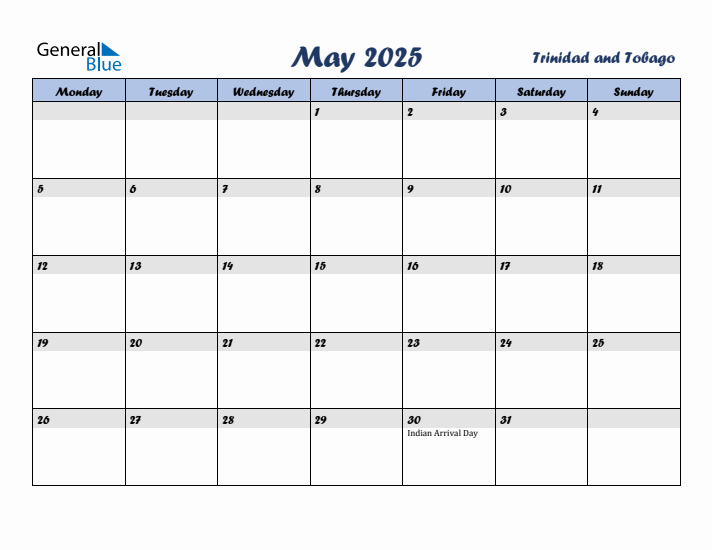 May 2025 Calendar with Holidays in Trinidad and Tobago
