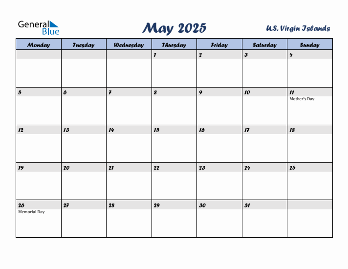 May 2025 Calendar with Holidays in U.S. Virgin Islands