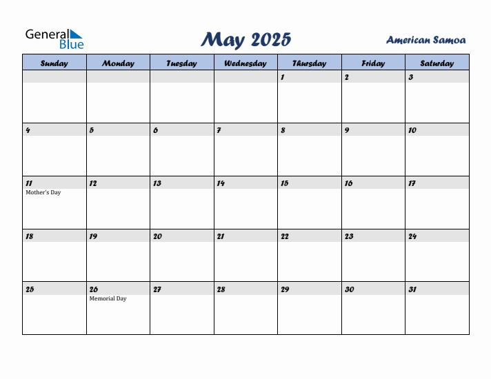 May 2025 Calendar with Holidays in American Samoa