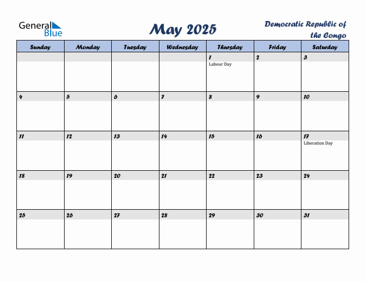 May 2025 Calendar with Holidays in Democratic Republic of the Congo