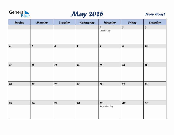 May 2025 Calendar with Holidays in Ivory Coast