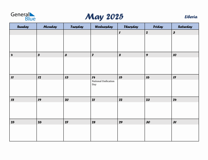 May 2025 Calendar with Holidays in Liberia