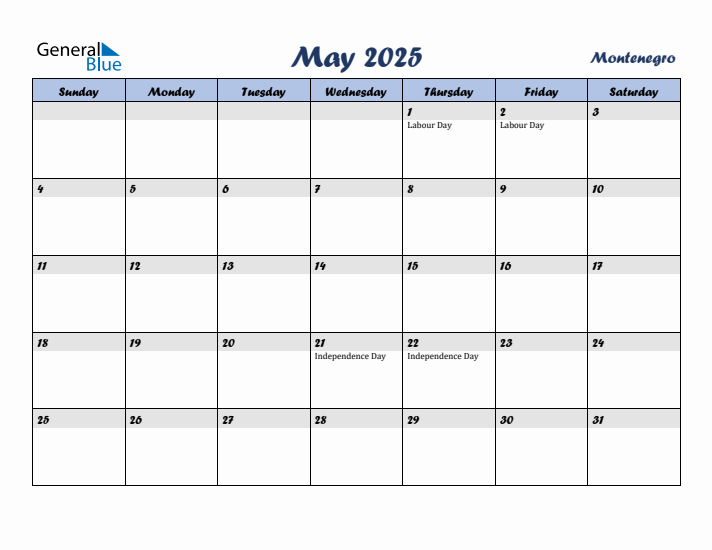 May 2025 Calendar with Holidays in Montenegro